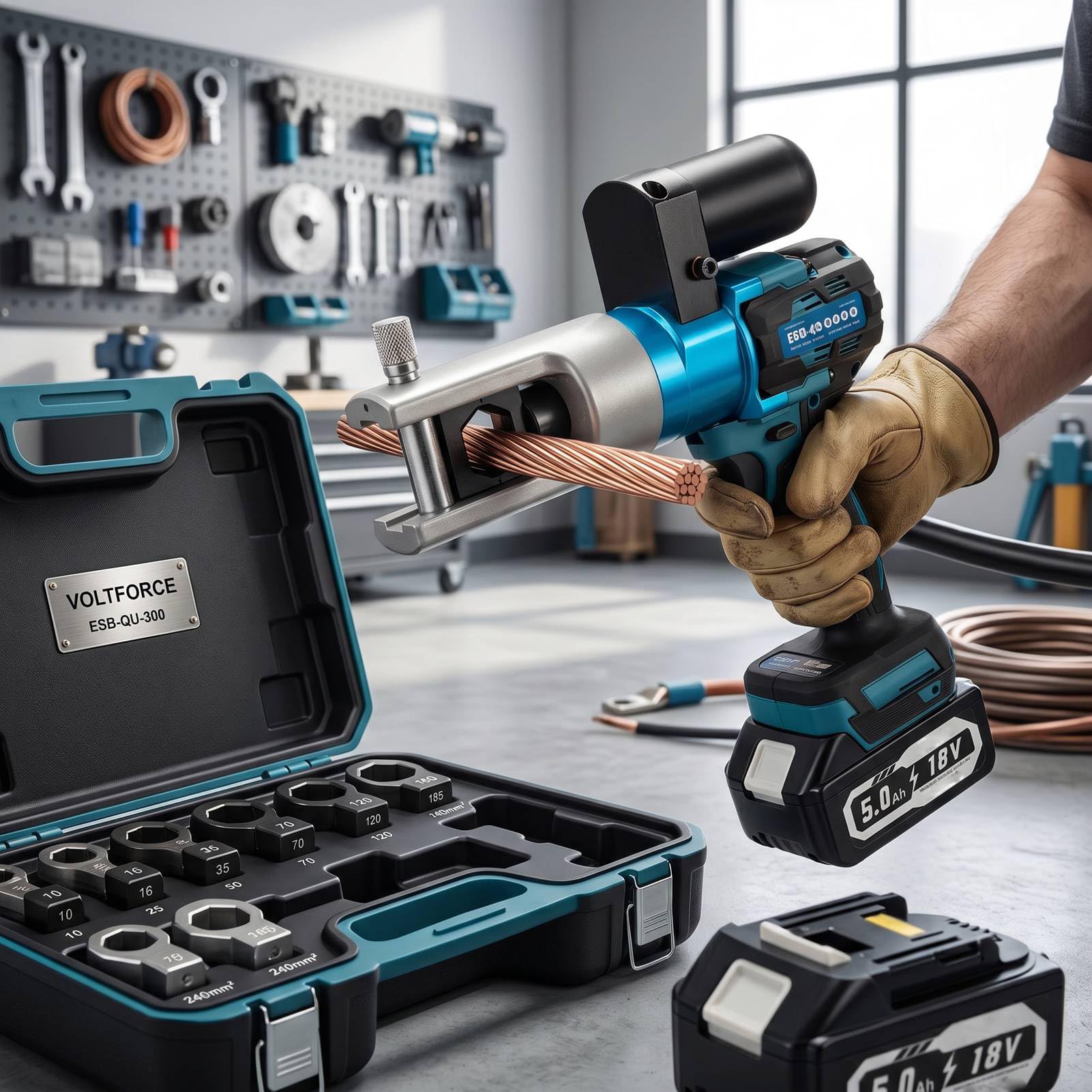 Fafeicy Herramienta de Crimpado Electrohidráulica a Batería — Crimpadora de Cables Portátil con 12 Matrices para Terminales de Cobre y Aluminio (para electricistas)