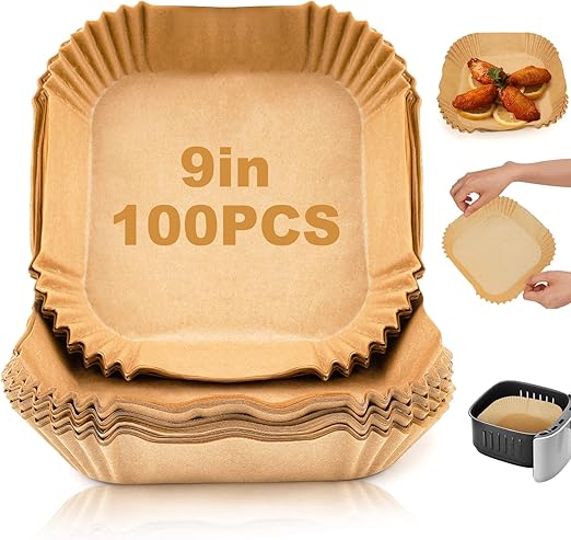 Disposable Air Fryer Paper Liners: 100Pcs 9 In Large Square Non Stick Parchment, Air Fryer Basket Liner for 8Qt - 12Qt Airfryer