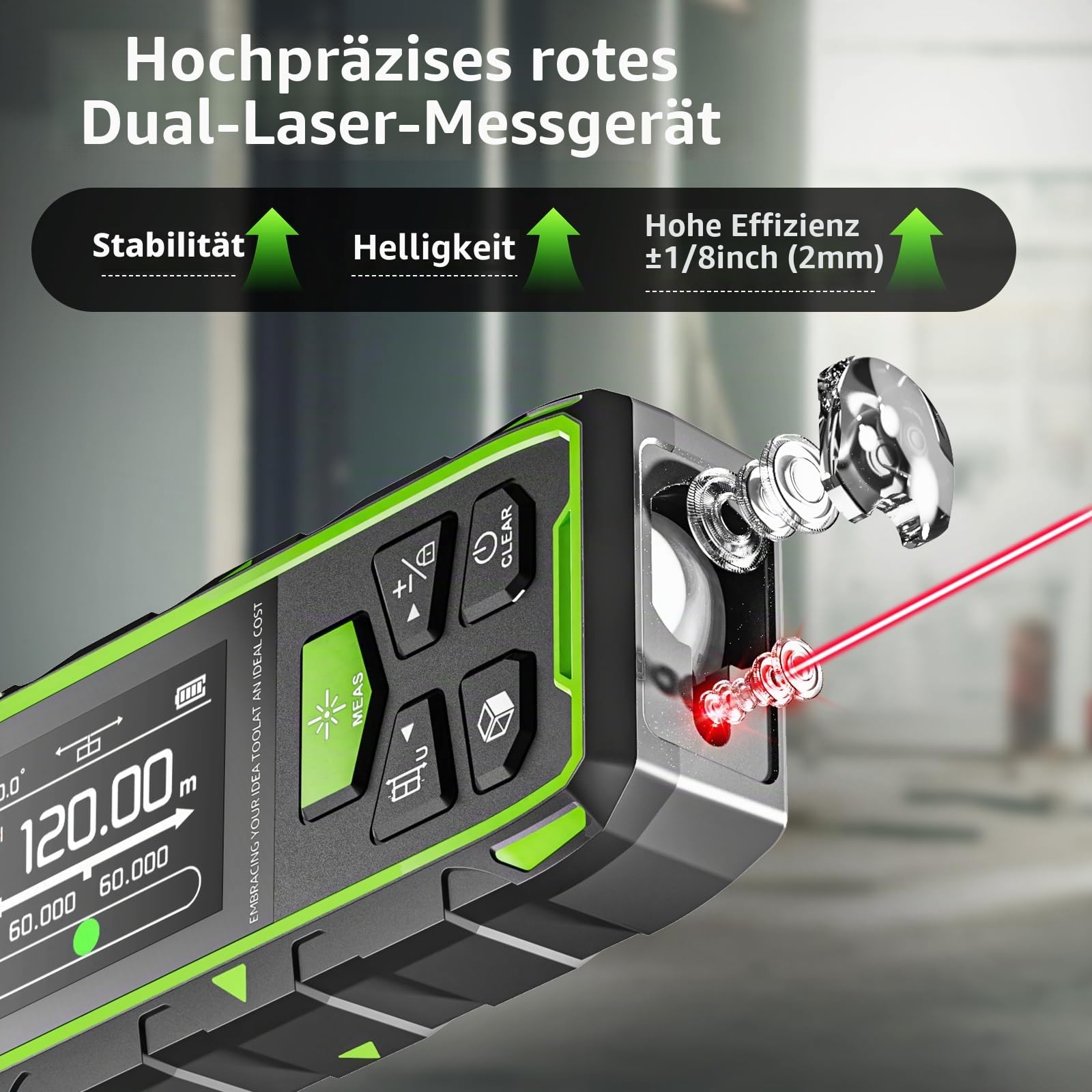 Dual Laser Entfernungsmesser, Huepar 120M Rot Laser Messgerät Entfernungsmesser mit Laser, hintergrundbeleuchtetem LCD, Messung von Entfernung, Fläche und Volumen und pythagoreischem Modus