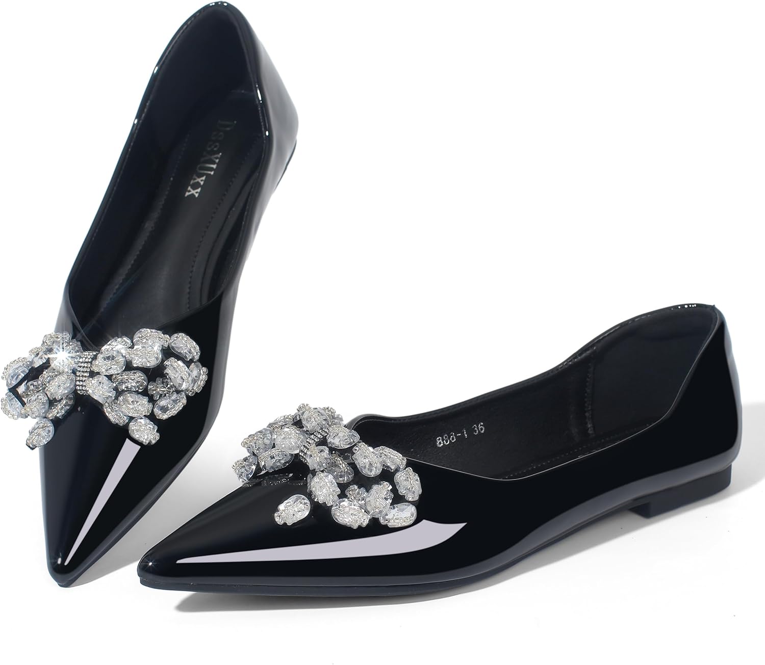DssXUxx Flats for Women Comfortable Leather Pointed Toe Ballerina Shoes Rhinestone Bow Comfort Slip On Flats Light Weight Dress Shoes Black-10.5