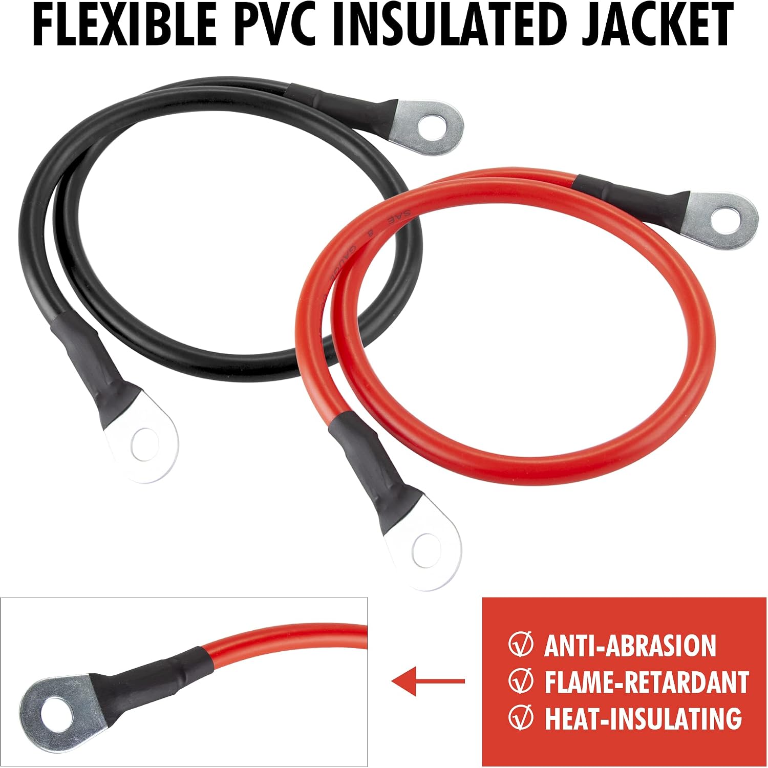 Cartman 8 AWG Battery Cables, 8 Gauge 24 Inch Power Inverter Cables, 3/8" in Lugs for Car Marine Solar ATV Lawn Mower Motorcycle (Positive and Negative)