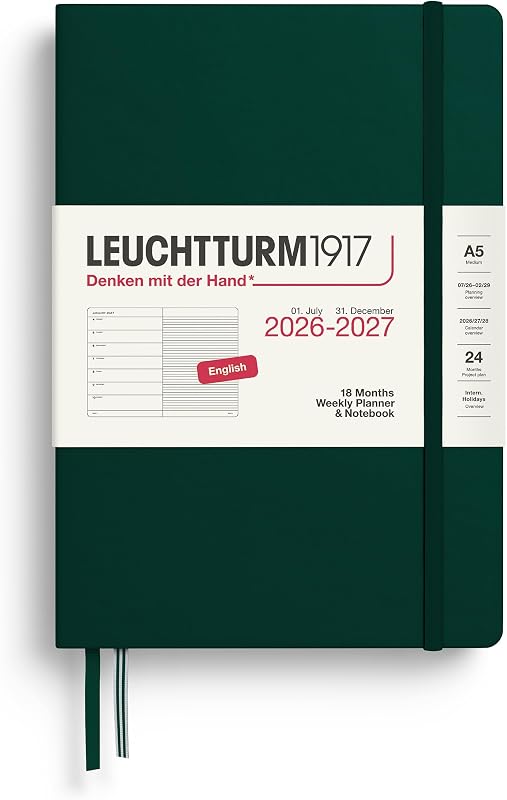 LEUCHTTURM1917 - Weekly Planner and Notebook Hardcover Medium A5, 18-month, July 2026 - December 2027, English, Forest Green