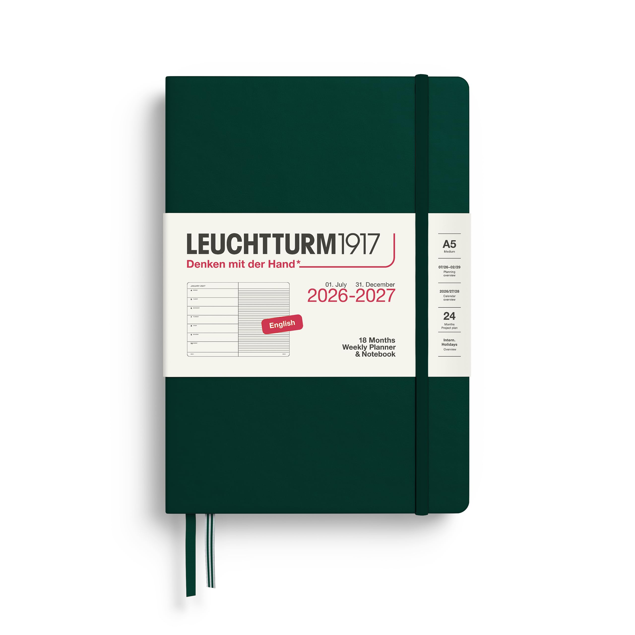 Leuchtturm1917 2027 Weekly Planner A5 with Notebook, Lined, Schedule Planner English, 18 Months July 2026 - December 2027, Forest Green, Hardcover 210 x 145 mm, Weekly Overview on the Left, Note Page