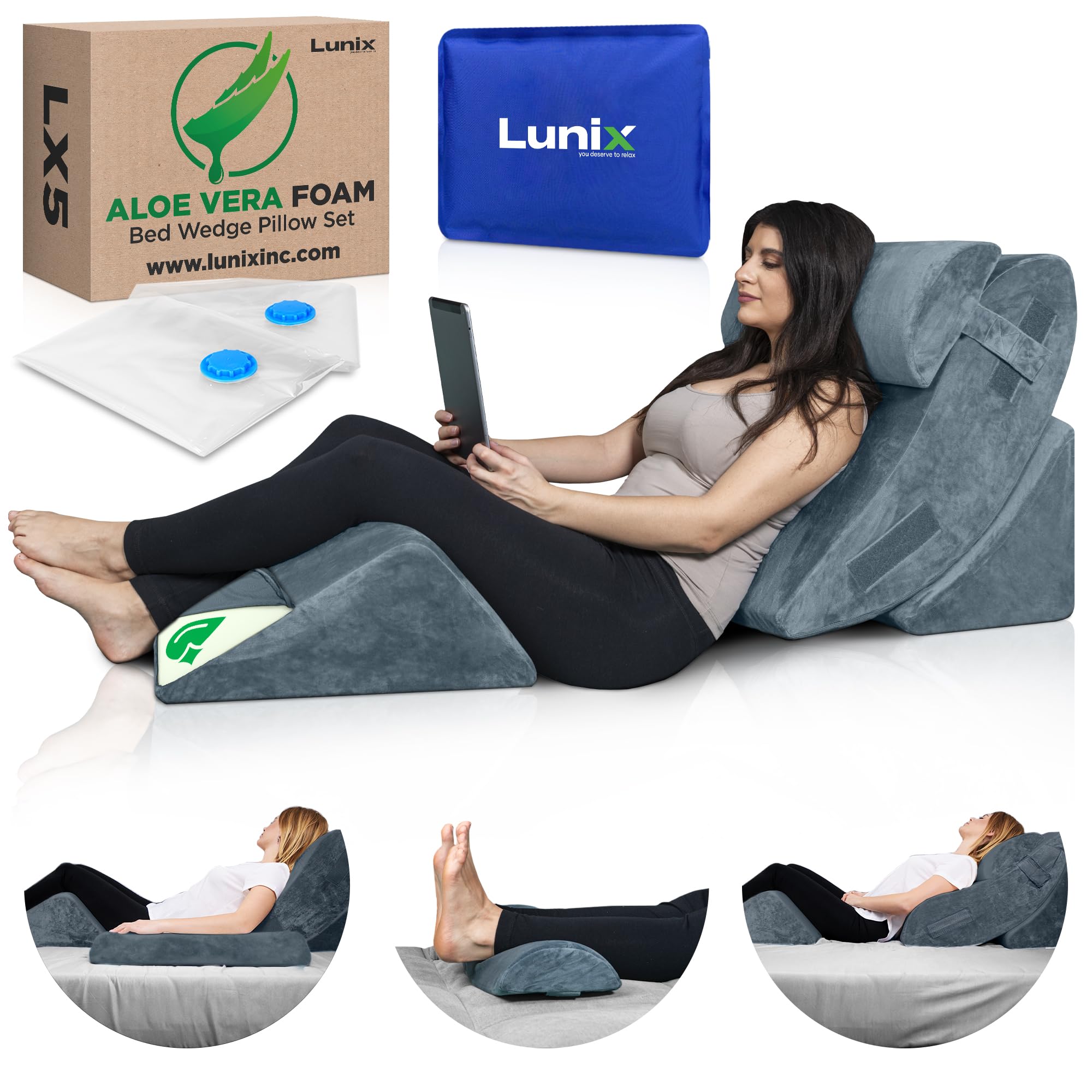 Lunix 4pcs Orthopedic Bed Wedge Pillow Set, Post Surgery Aloe Vera Memory Foam for Back, Leg, Knee Pain Relief, Adjustable Sitting Pillow for Sleeping, Acid Reflux, GERD, with Hot Cold Pack, Full Navy