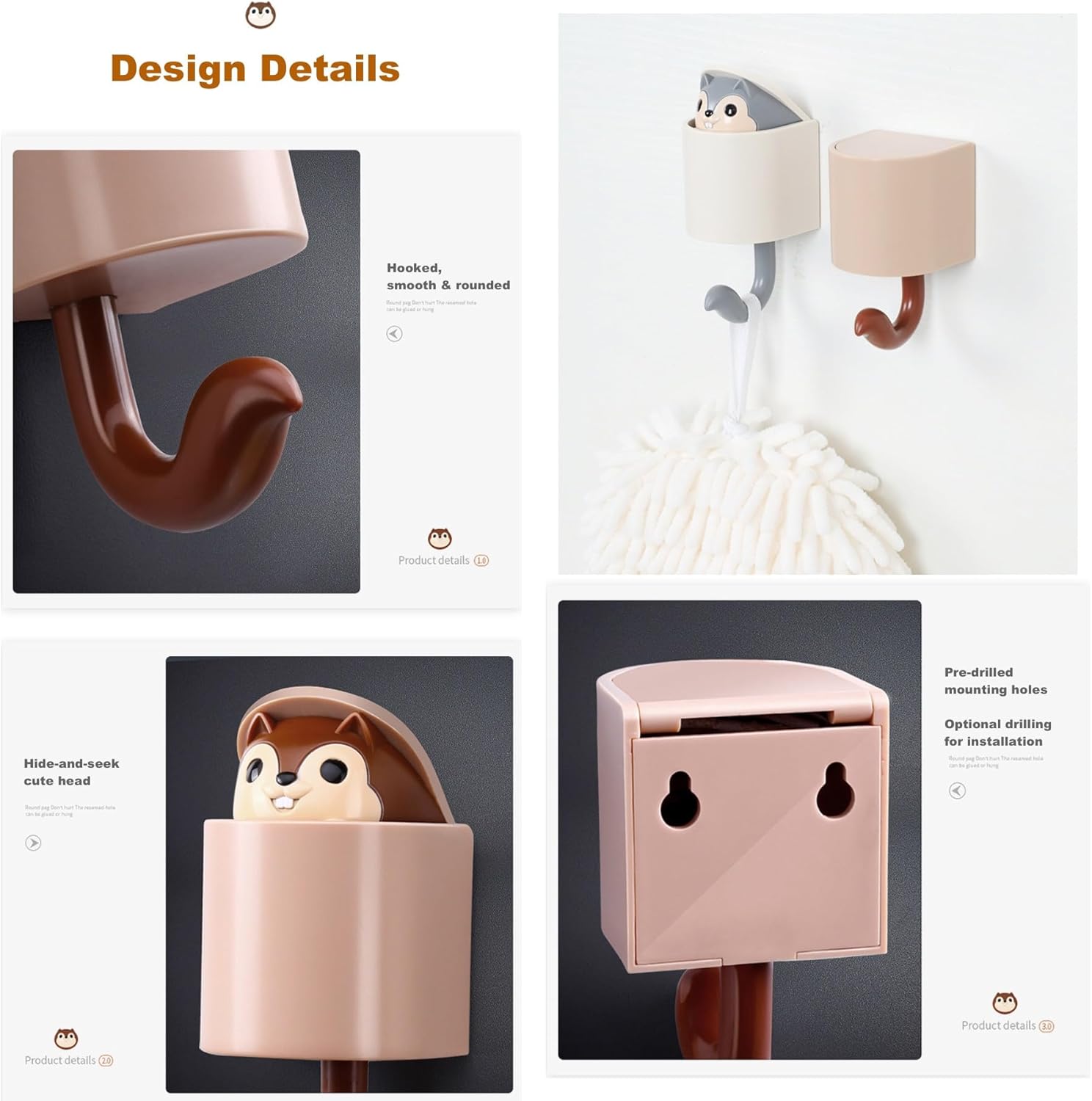 2 Pcs Creative Squirrel Cute Pet Key Holder wall Mount, Keychain Command Hooks,siding Hooks,Hook for Coat, Scarf, Hat, Towel, Bag, Utility Hook for Wall Hanging Decorations (Coffee&Gray)