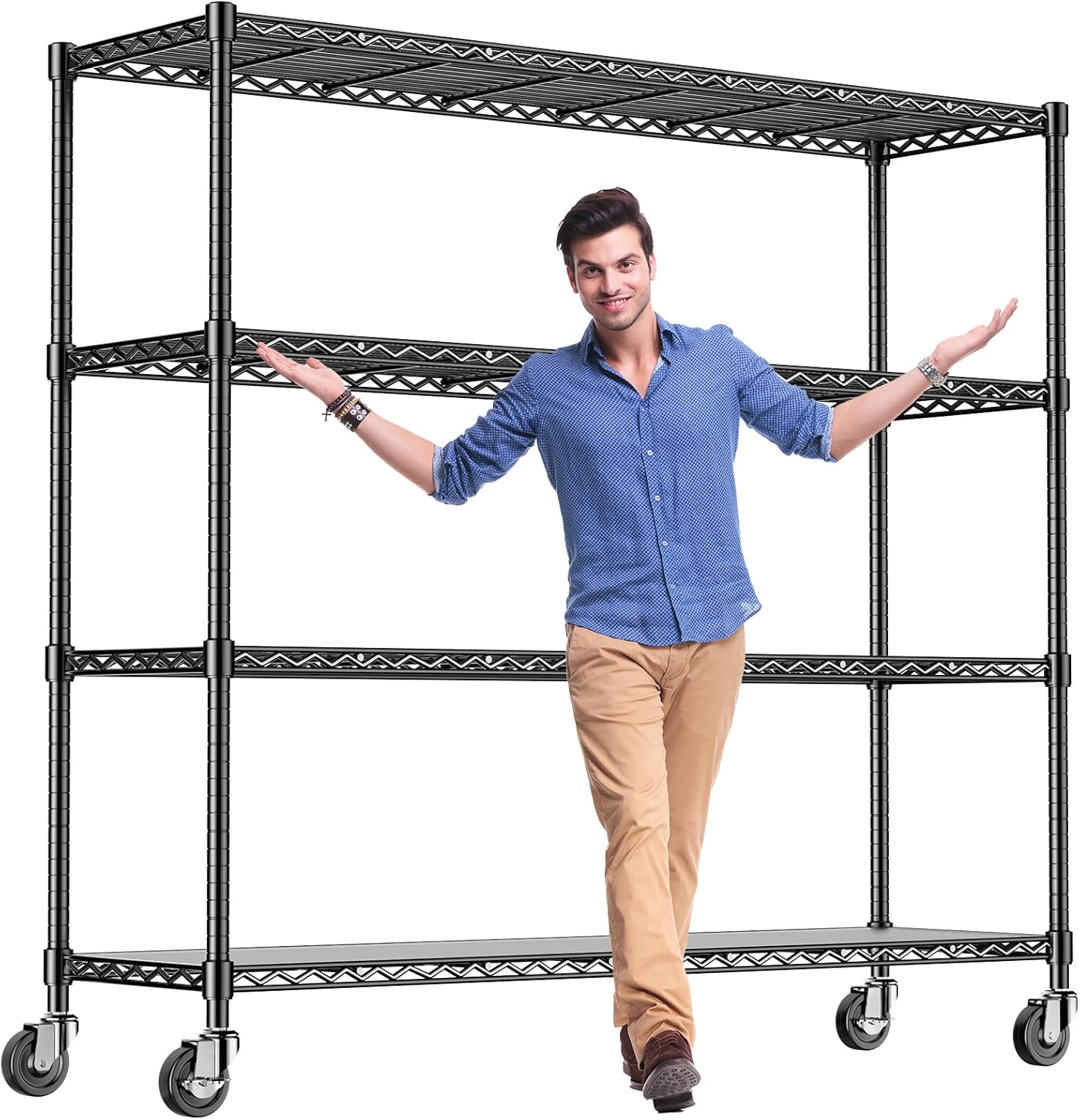 48" W Storage Shelves 1500LBS Metal Shelving Unit with Wheels, Adjustable Garage Shelving Heavy Duty Wire Rack with Liners for Pantry Warehouse Commercial Office, 48" W x 18" D x 76.77" H