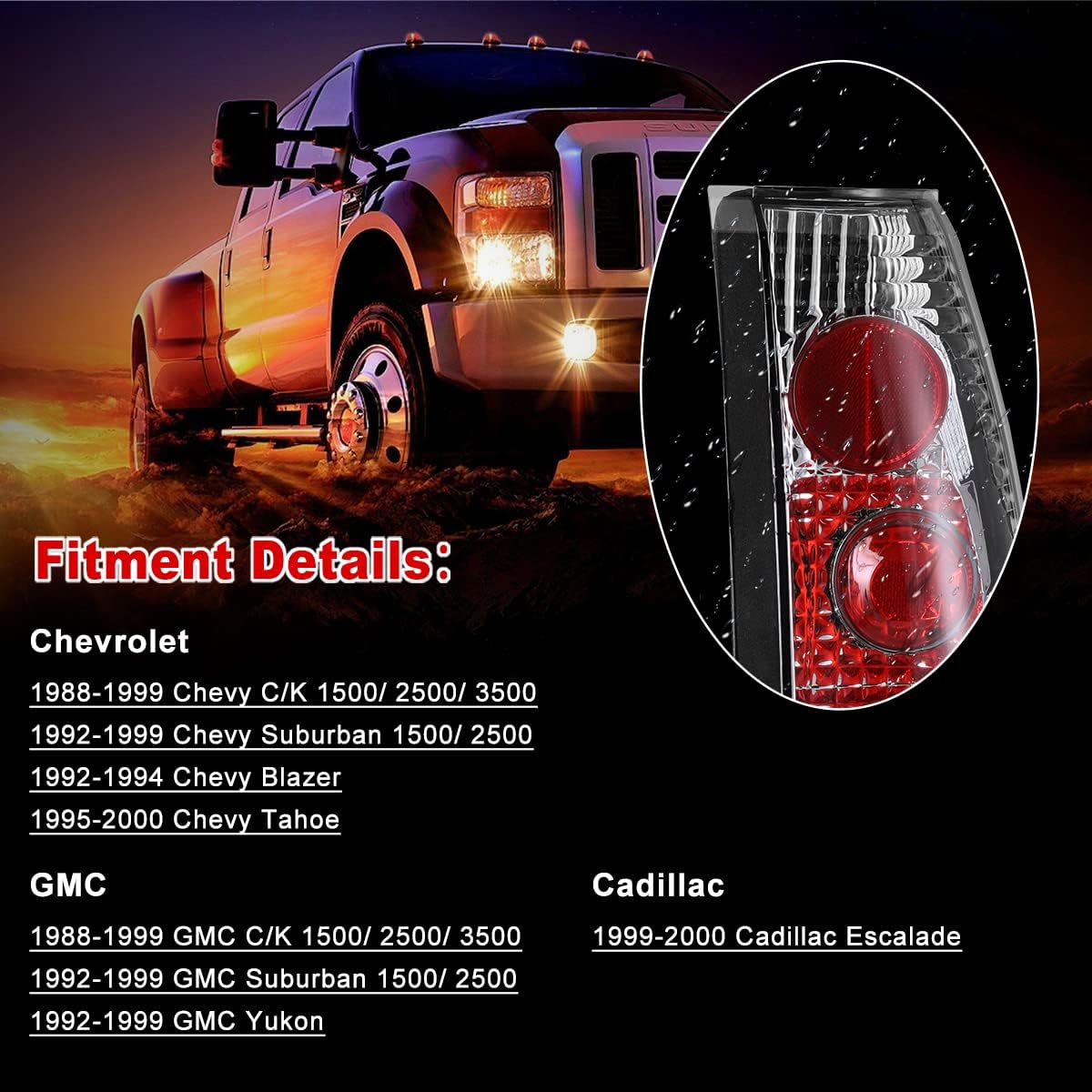 ROXX Tail Lights for 1988-1999 Chevy C/K 1500/2500/ 3500, 1992-1999 Chevy Suburban 1500/2500, 1992-1994 Chevy Blazer, 1995-2000 Tahoe, Tail Lights Pair 1988-1999 GMC Suburban/C/K/Yukon (Clear)