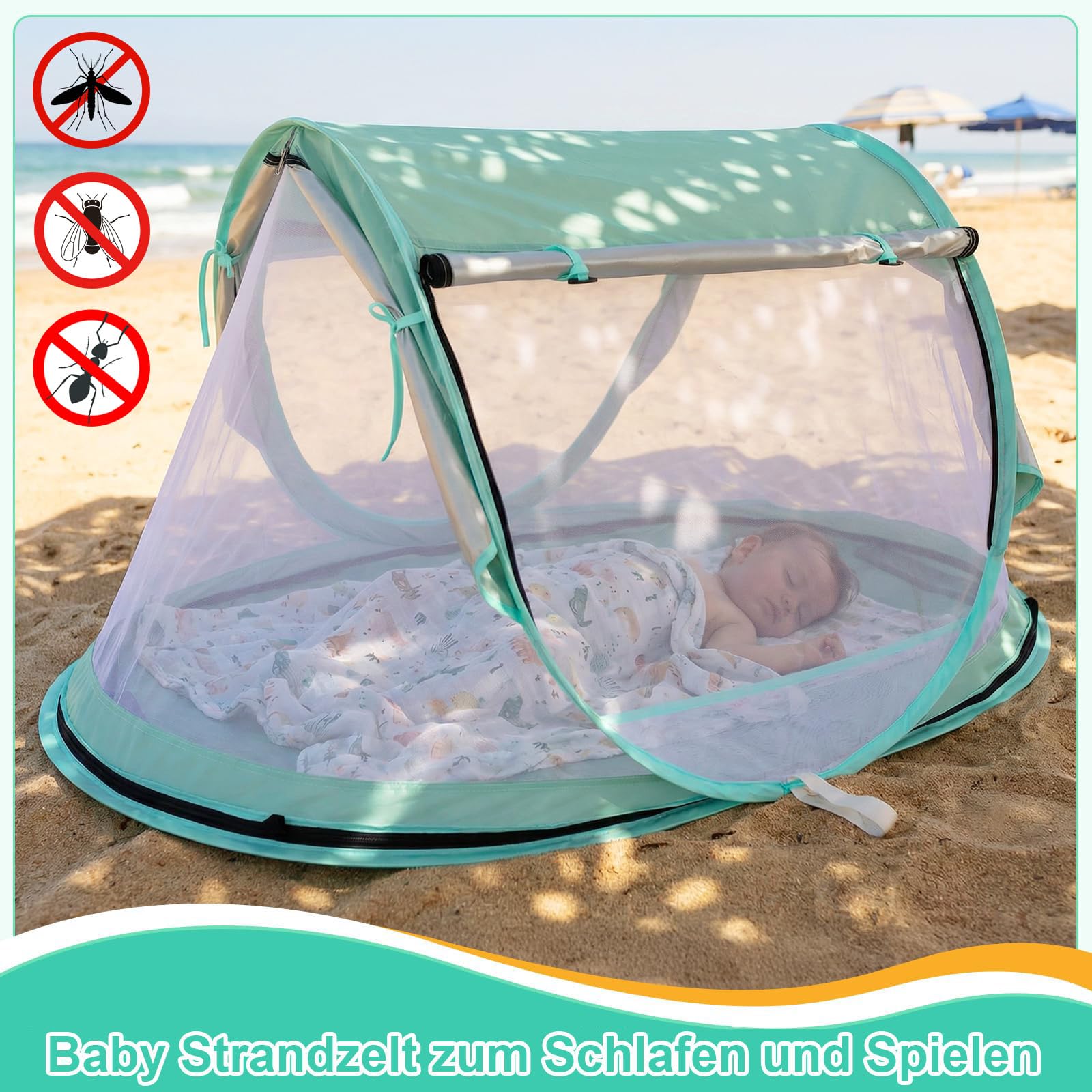 Tente de plage pour bébé - Protection UV 50 - Tente de plage pop-up - Protection solaire pour la plage - Moustiquaire à 360° - Avec sac de transport pour les voyages et le camping - Convient