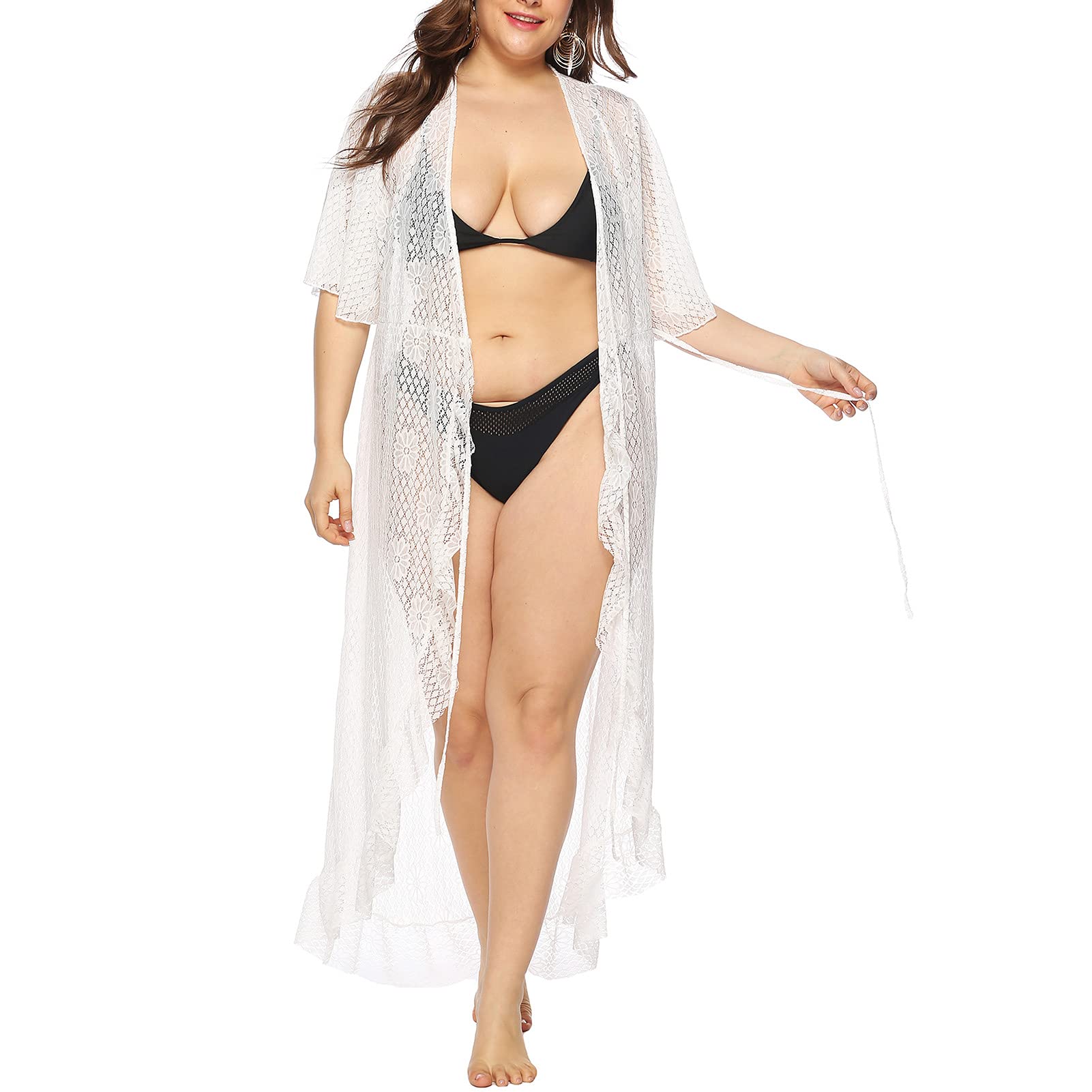 Vestido de kimonos sexy para mujer, kimono largo con volantes de ganchillo con perspectiva floral para mujer, vestido de playa-0XL/L