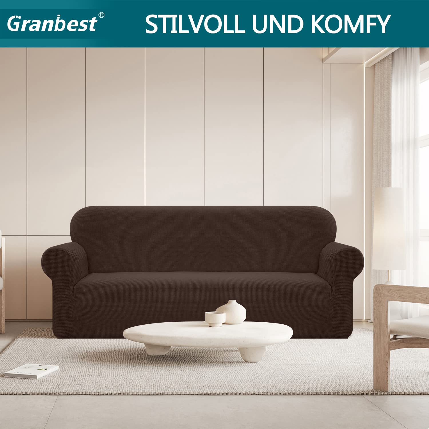 Granbest Copridivano elasticizzato, impermeabile, 1 pezzo, in spandex, jacquard, con gommapiuma antiscivolo (4 posti, cioccolato)