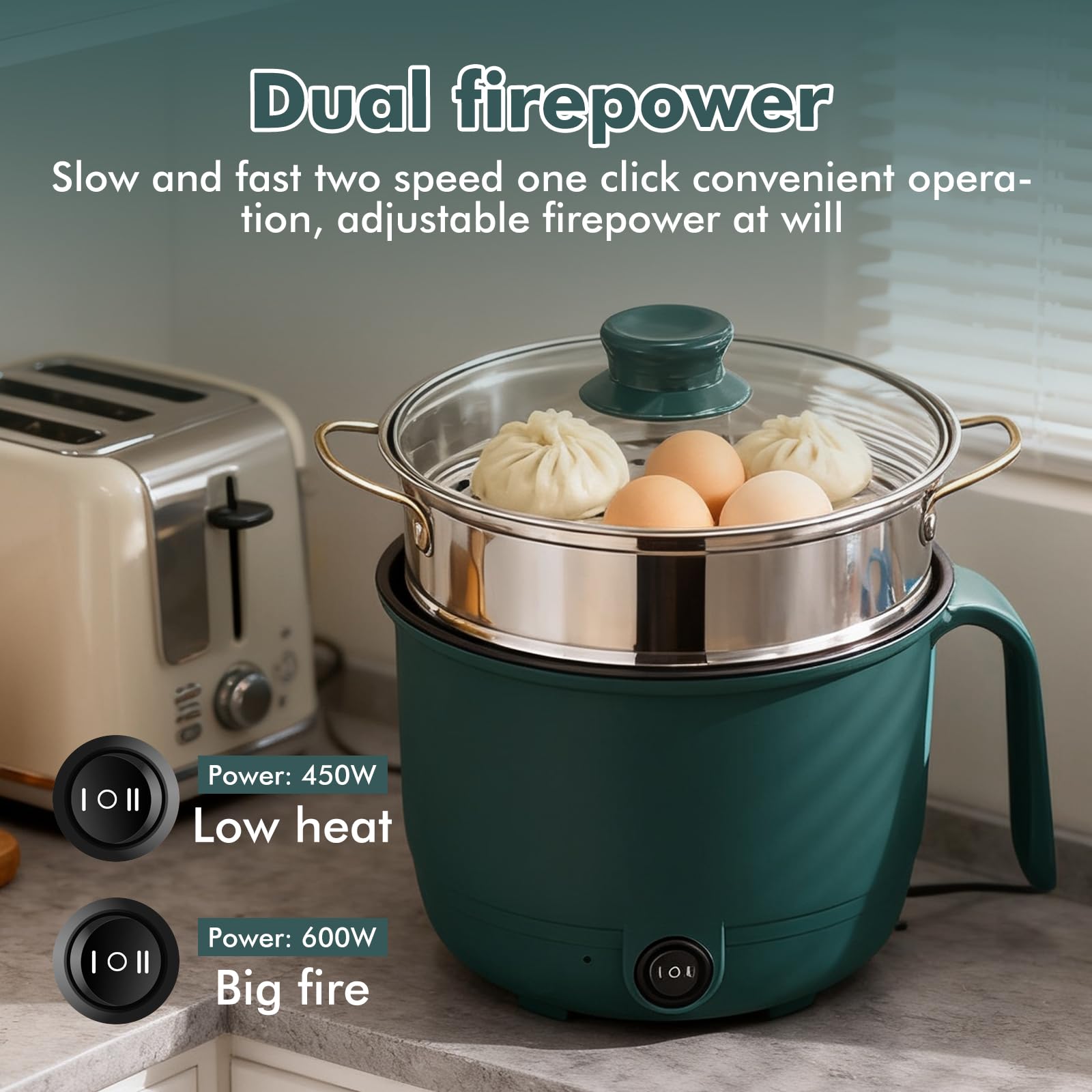 Hot Pot, pentola elettrica da 1,3 l, Hot Pot Ramen Cooker con pentola a vapore in acciaio inox, antiaderente Hot Pot elettrico per zuppa/ramen/pasta/farina d'avena/uova, 600 W, 220 V, verde