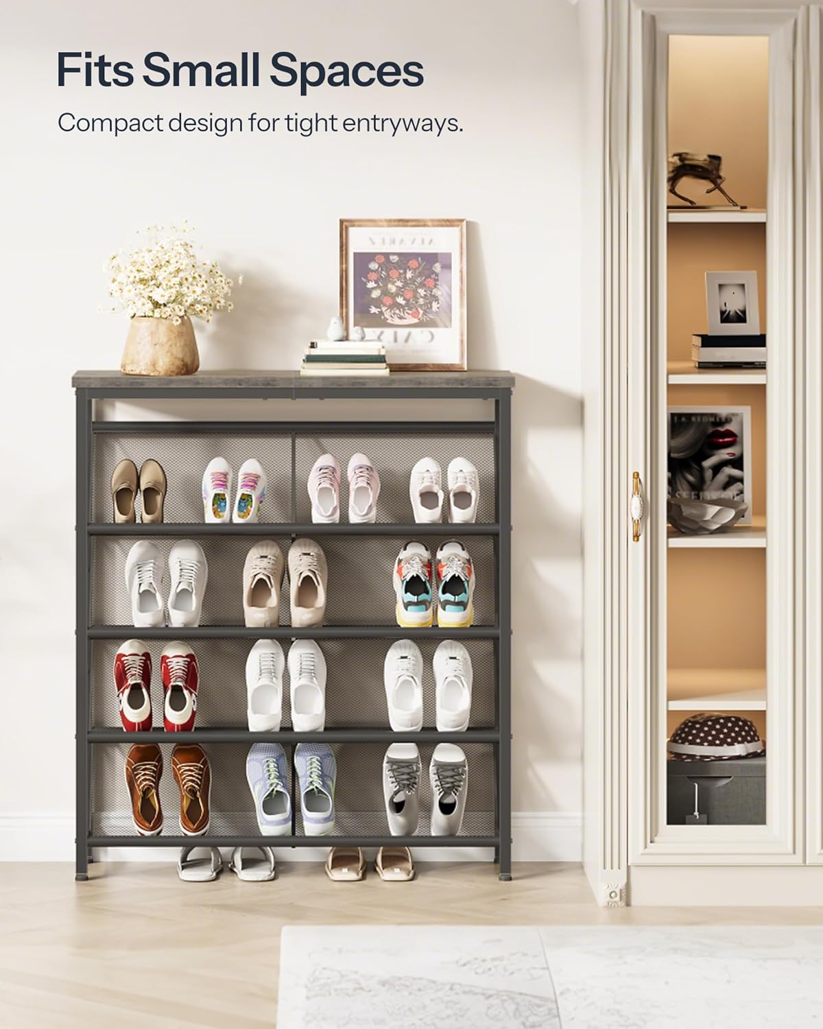 CHOEZON Shoe Rack, 5-Tier Slanted Shoe Storage Shelf, Narrow Shoe Rack for Entryway, Shoe Organizer with Adjustable Feet, Slim Shoe Shelf with Wooden Top and Metal Frame, Greige and Black TXJ02BG