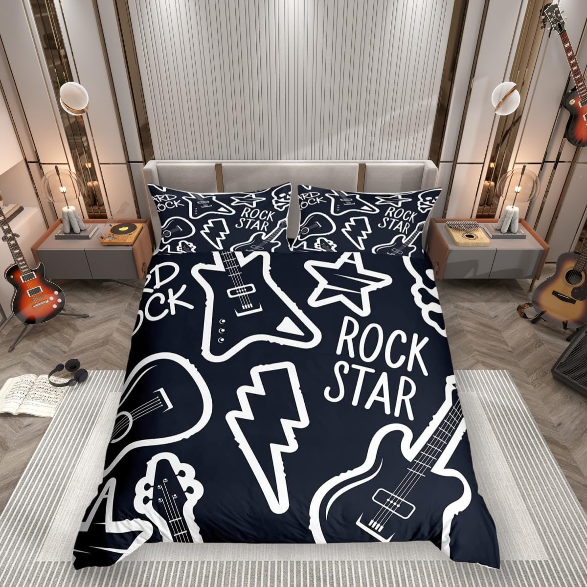Feelingyou Girls Ww9618 Black To Blue Rock Star Style Comforter Cover Set For Kids Teens White Guitar Pattern Duvet Cover Microfiber Quilt Cover Decor 3Pcs Bedding With 2 Pillowcase Double (No Comforter)