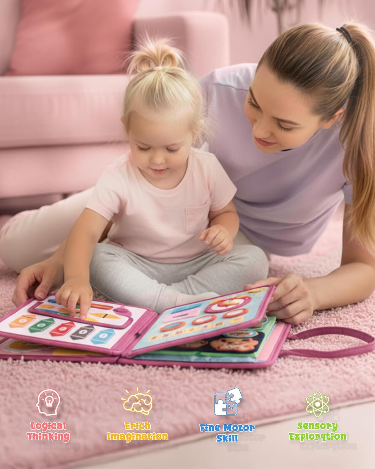 Busy Board for 1 Year Old, Busy Book for Toddlers 1-3, 2 Year Old Girl Toys, Montessori Toys for 1 Year Old, Educational Sensory Activities, Learning Fine Motor Skills Travel Toy for Toddler(Pink)