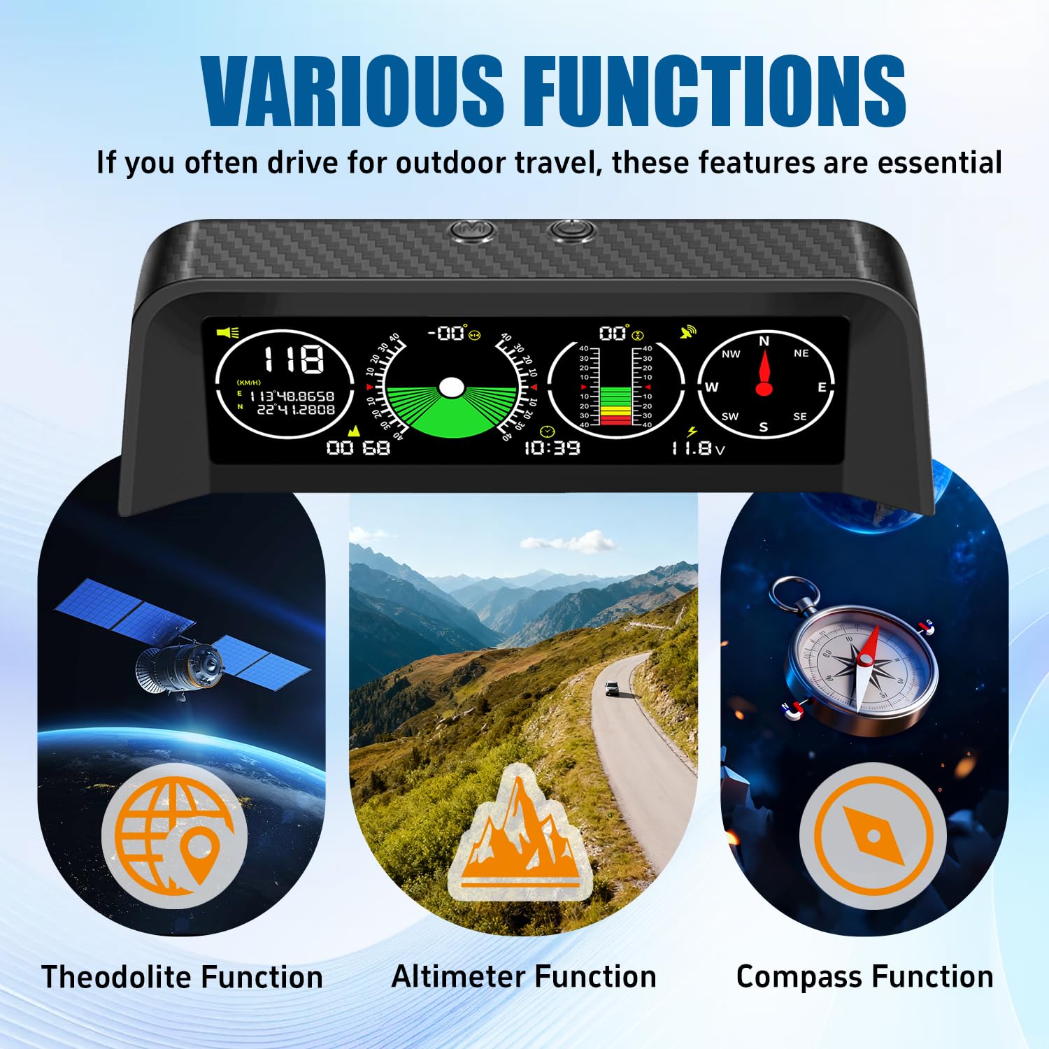 X60 Pro Car Inclinometer for Off-Road, GPS Speedometer MPH KMH with Compass, Multi-Functional Digital HUD, Compass‌ /GPS Time/Latitude & Longitude/Altitude‌/ Speed‌/ Vehicle Inclinometer 6-in-1