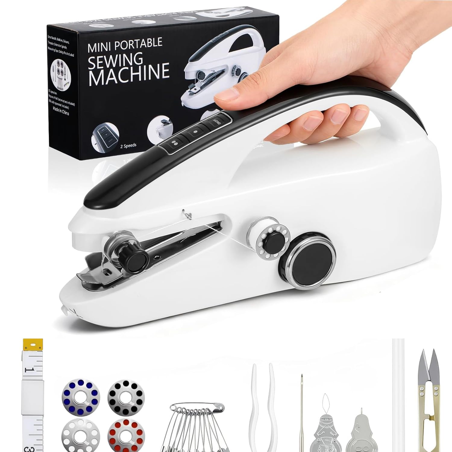 YwuLy Handnähmaschine, Tragbare Mini-Nähmaschine, Kabellose Tragbare Elektrische Handnähmaschine Mit Nähzubehör für Anfänger, Schnell Zu Nähen Geeignet,für Kleidung,Stoffe,Cutains,Home Travel(Weiß) - 2