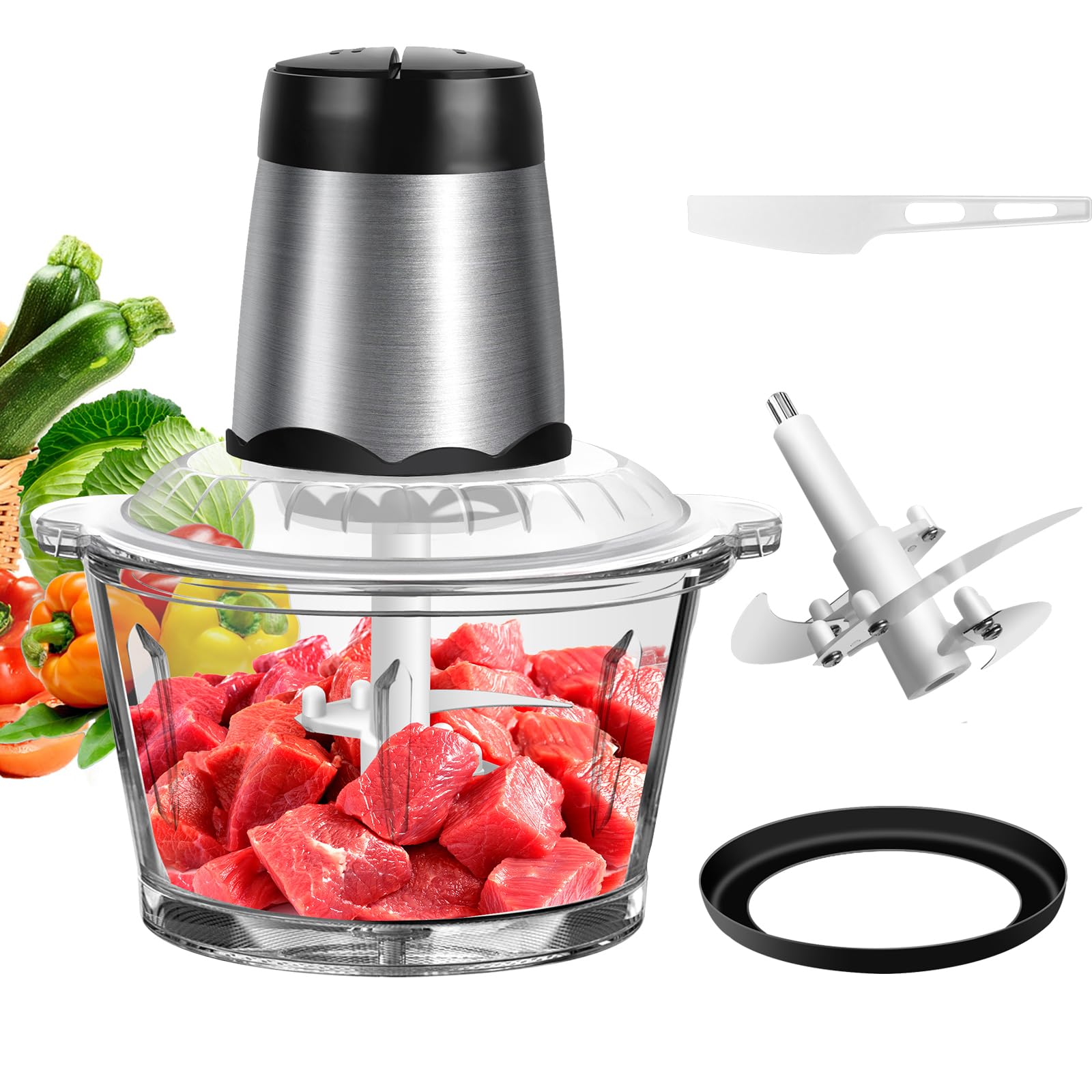 300W Electric Mini Chopper, Samll Food Processor Blender Mixer Chopper Meat Grinder with 2L Glass Bowl, 4 bi-Level Blades, 2 Speed Settings, One Touch Operation, Silent Design