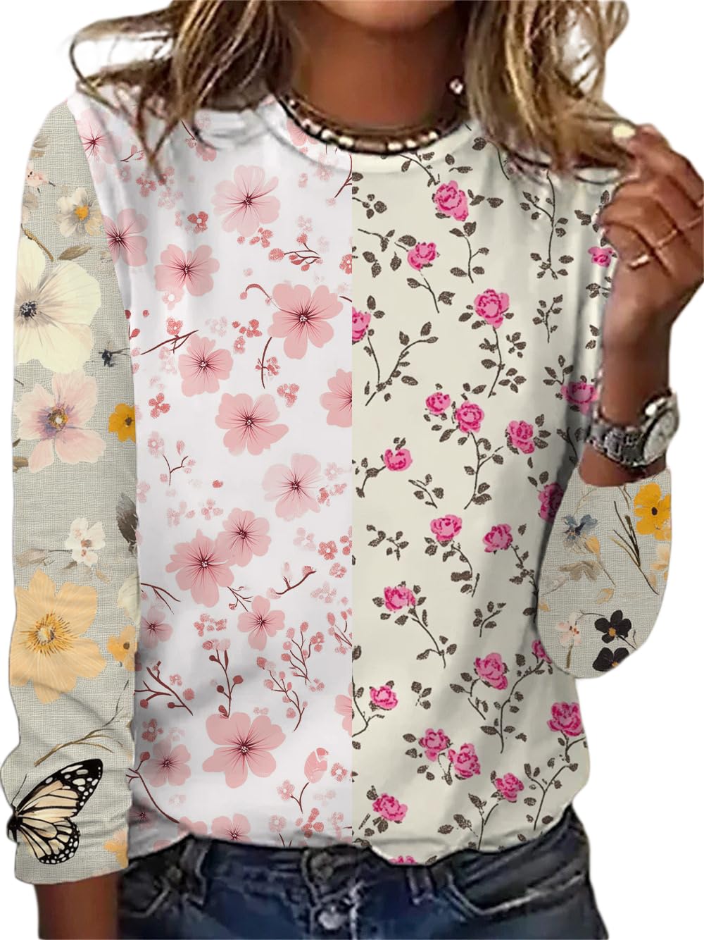 Womens 3 4 Sleeve Tops Boho Floral Print Splice Crewneck Casual Shirts for Women Vintage Trendy Blouse