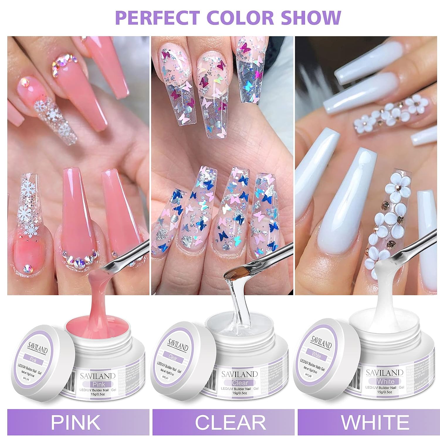 Saviland Builder Gel for Nails - Nail Extension Gel Kit 3 Colors Hard Gel Clear Pink White 15g Nail Strengthen Nail Art Manicure Set with Nail Forms Nail Brush Nail Supplies for Beginners