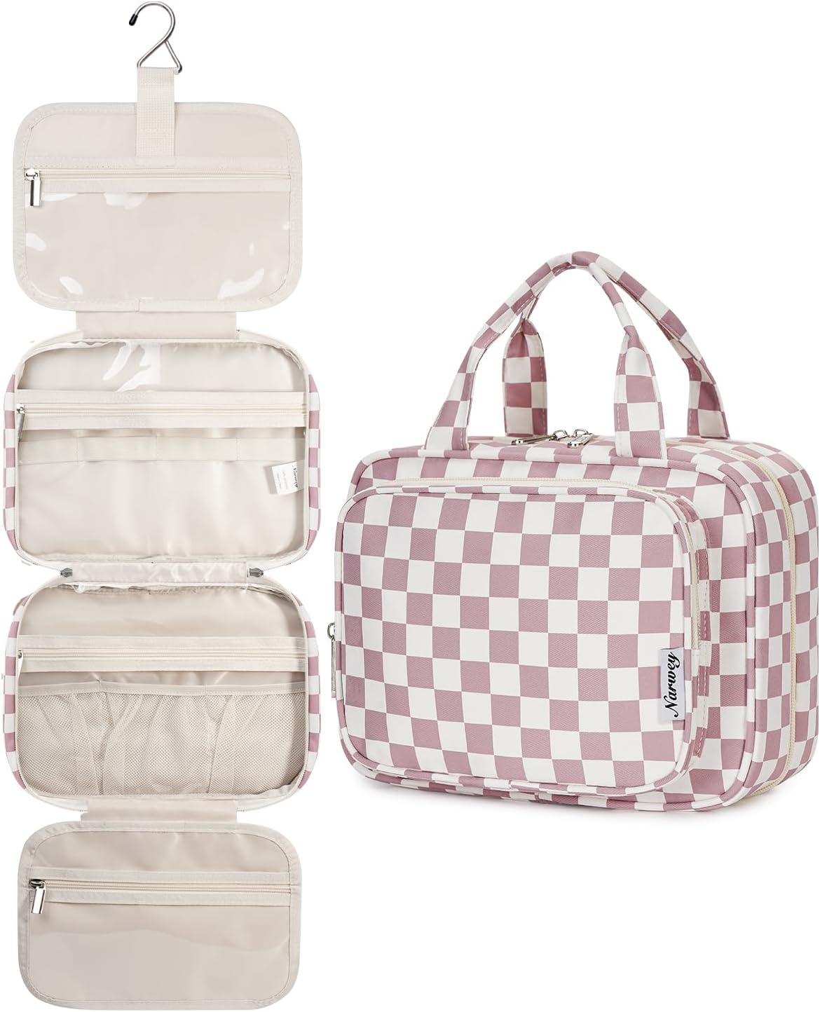 Narwey Large Checkered Hanging Travel Toiletry Bag for Women Wash Bag Cosmetics Makeup Bag Organizer for Full Size Accessories (Checkerboard Dusty Rose (Large))