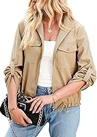 EVALESS Women's Zip Up Cropped Shacket: Lightweight Roll Tab Sleeve, Flap Pocket, Drawstring Hem Utility Jacket