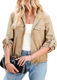 EVALESS Women's Zip Up Cropped Shacket: Lightweight Roll Tab Sleeve, Flap Pocket, Drawstring Hem Utility Jacket