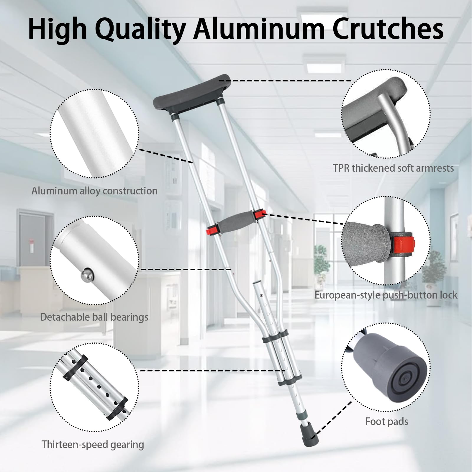 Muletas para Axilas, Plegables Muletas Adulto Altura Ajustable, Capacidad de Carga 150 KG, Muletas de Aluminio con Apoyos Blandos para Antebrazos y Manos, 1 Par