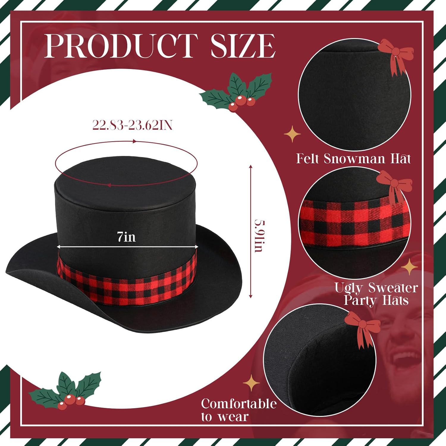 Shihanee 20 Pcs Christmas Snowman Top Hat with Plaid Band Tree Topper Christmas Ugly Sweater Party Hats for Xmas Holiday