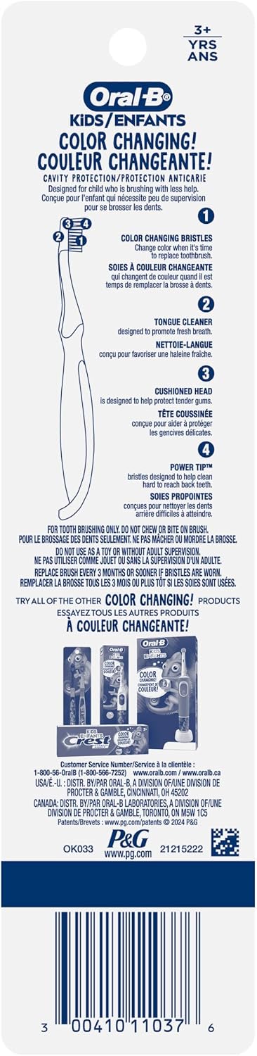 Oral-B Kid's Manual Toothbrush with Extra Soft Color Changing Bristles for Ages 3+, 2 Count
