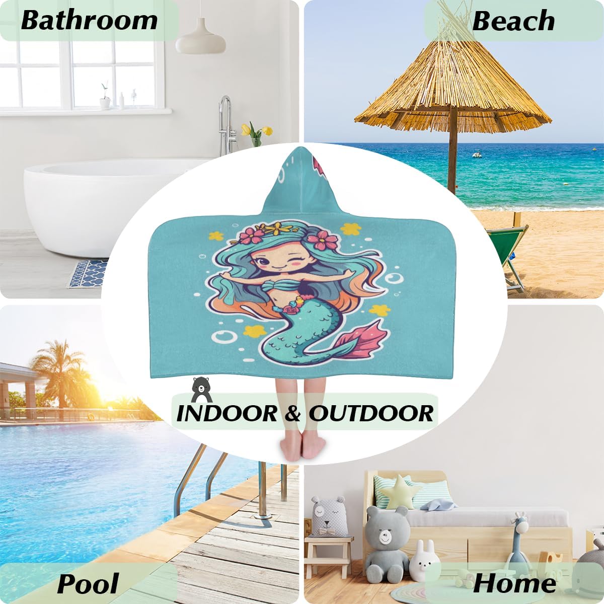 Pardick Kids Bath Towel Funny Mermaid Beach Towel with Hood Pool Cover Up for Girls Boys Soft Absorbent Hooded Bath Towel Toddler Towels for Beach, Pool