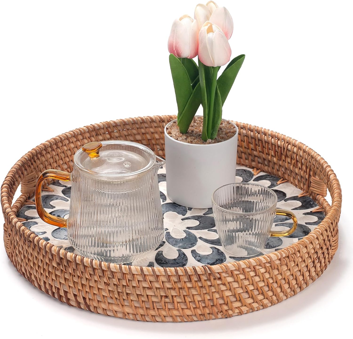 YANGQIHOME Round Serving Tray with Handle, Rattan Tray with Decorative Mother of Pearl Inlay, Round Wicker Trays for Home Decor, Coffee Table, Gifts, Dining,13.8 inch - Image 7