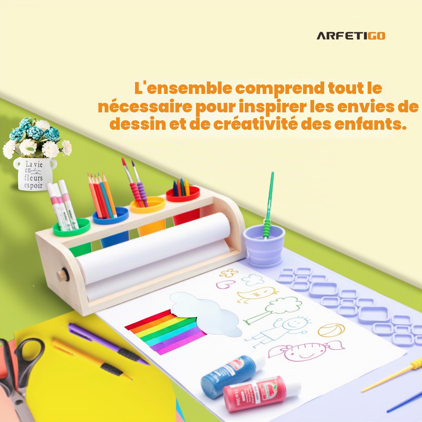 Chevalet d'art pour Enfants,Rouleau de Papier pour Enfants Pinceau de Peinture pour Enfants, Table d'art pour Enfants Rouleau de Papier pour Enfants Set Premium (Violet)