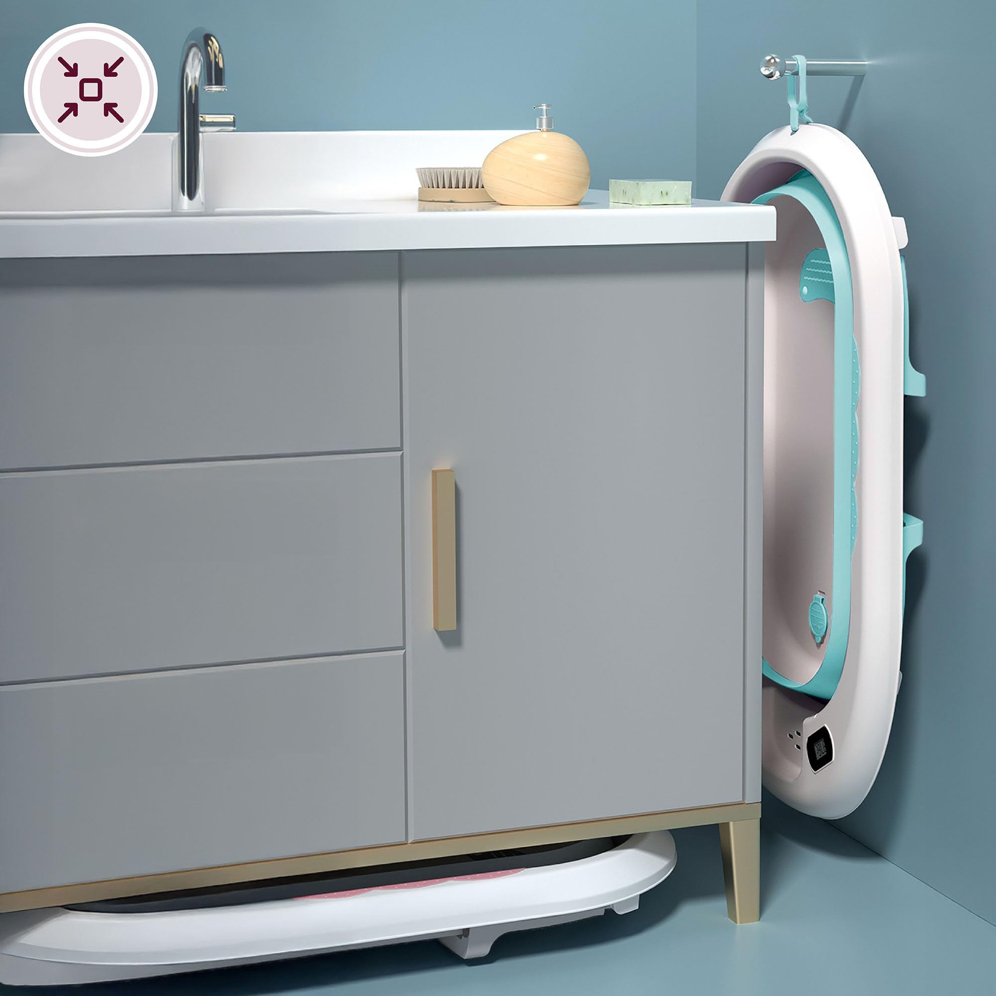 Moby-System Bañera Bebé Plegable con Termómetro LCD Incluye Inserto Soporte Alto y Bajo Vasito de Ballena – Compacta y Segura desde Recién Nacido – Menta