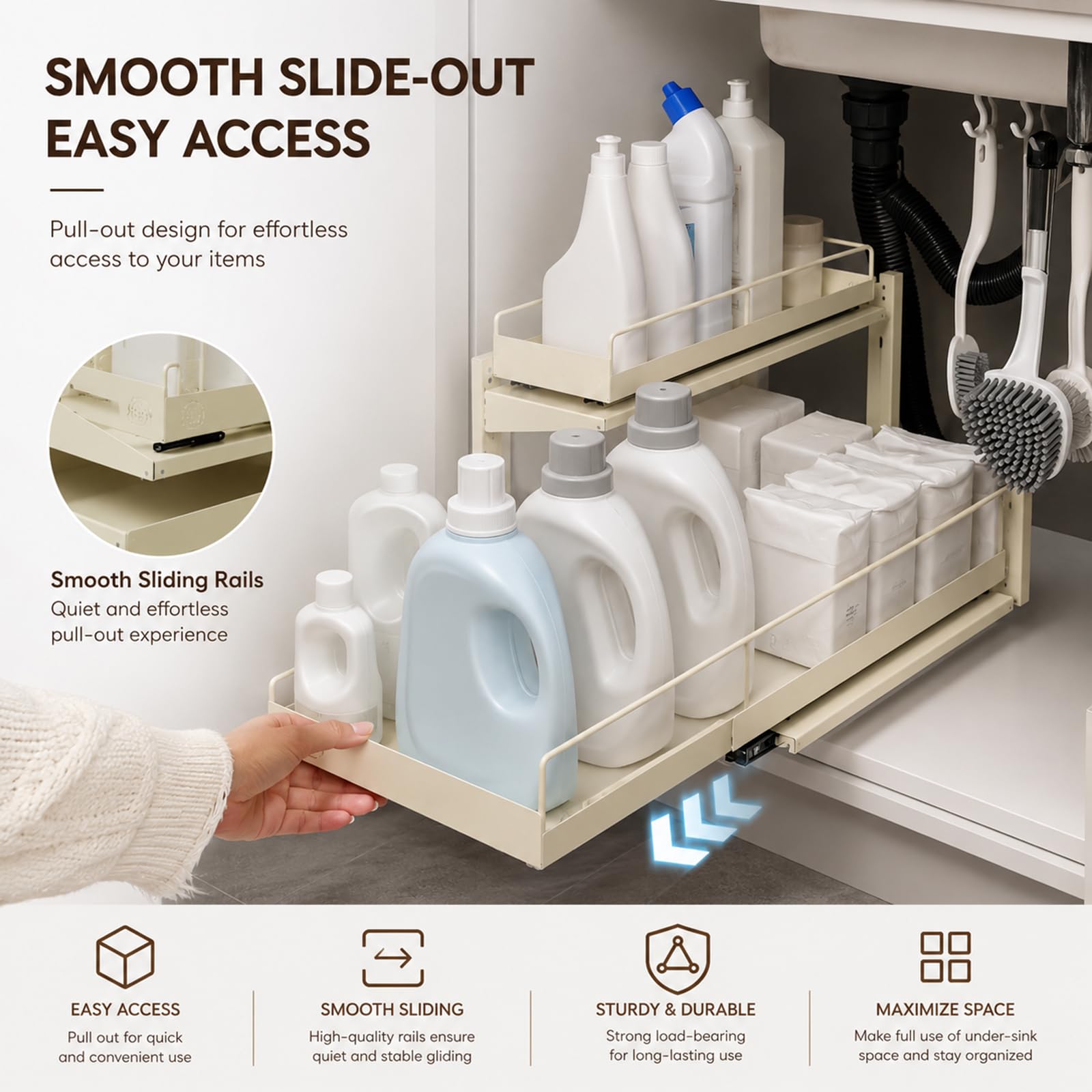 Organizador Bajo Lavabo, Estante Extraíble con Guías Dobles Silenciosas, Estructura de Hierro Forjado, Gran Capacidad para Baño y Cocina Yellow