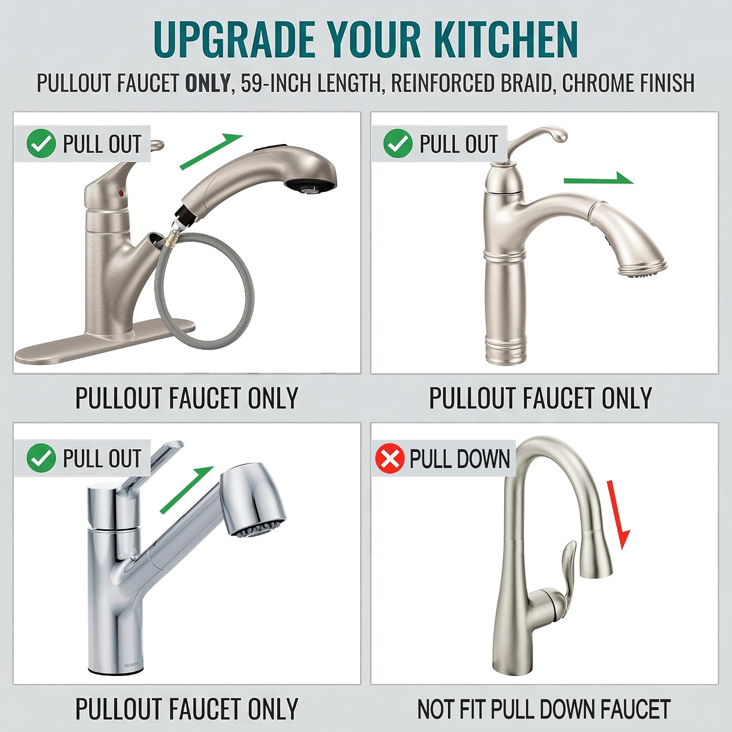 159560 Replacement Hose Kit Compatible with Moen Kitchen Faucet, 59 Inches | Pull Out Faucet Hose, Chrome Finish