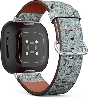 CJBROES Replacement Leather Watch Band, Compatible with Fitbit Versa 3 and Fitbit Sense of Wristband Bracelet Accessory - Scattered Dollar banknotes