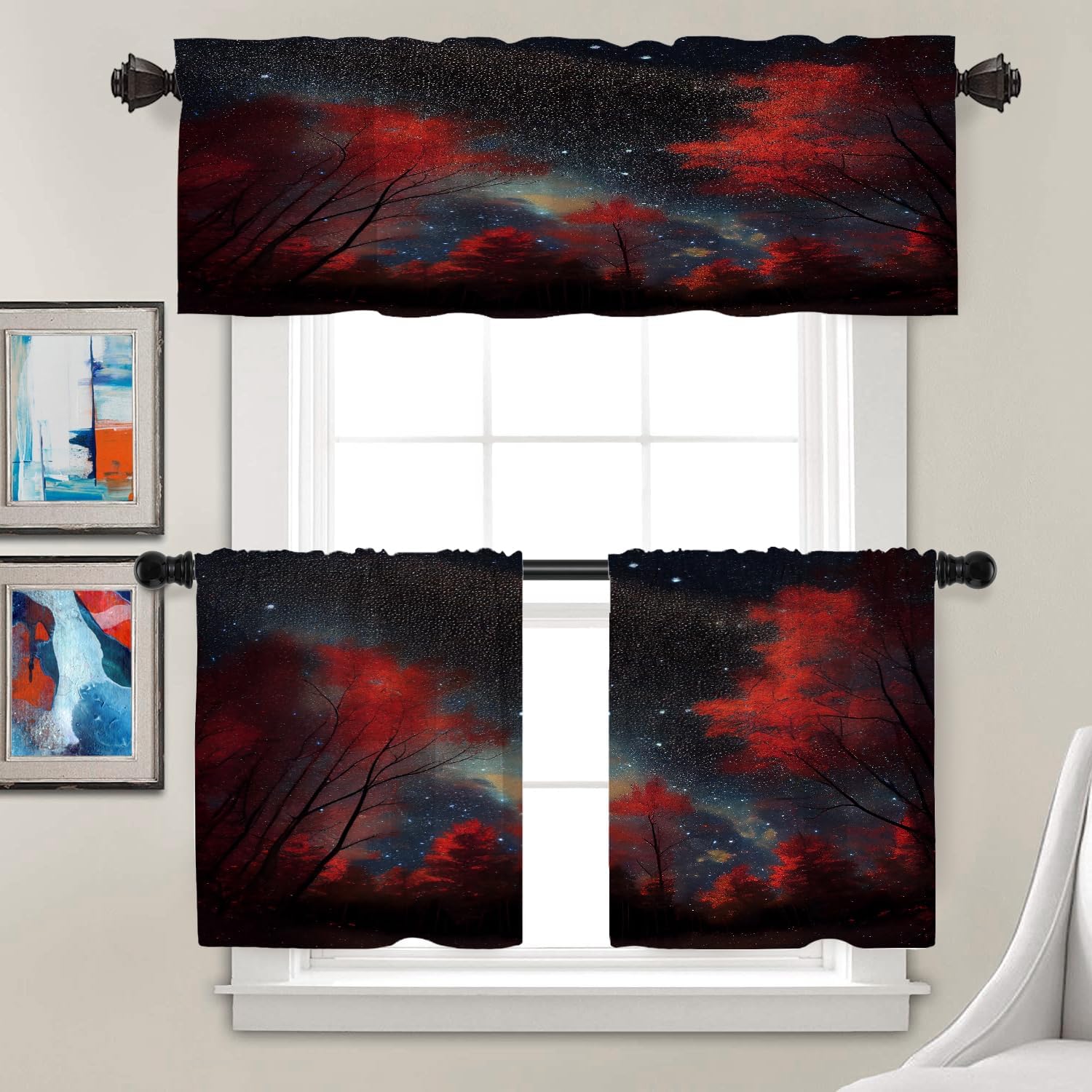 Batmerry Autumn Maple Forest Valance Curtains, Starry Sky Red Leaves Simple Window Treatment Kitchen Valances Multilayer Polyester Blackout for Living Room/Bathroom, 2 Pack 52x16 inches