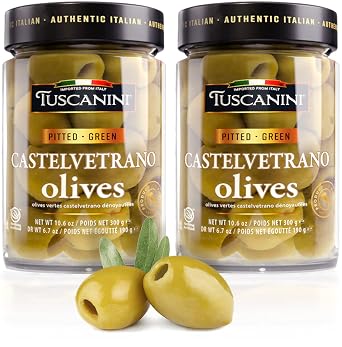 Tuscanini Premium Italian Castelvetrano Green Pitted Olives 10.9oz 2 pack | Mild & Smooth Flavor | Imported from Italy