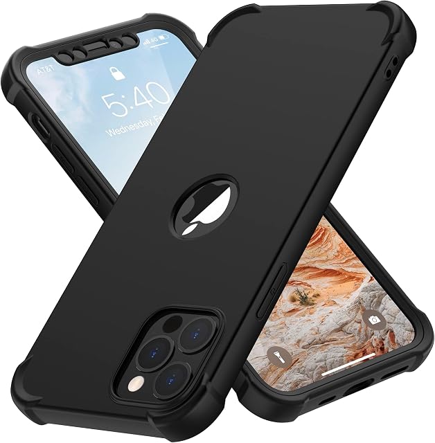 ORETech Shockproof iPhone 12 Pro Max Case, and 2 Pack Tempered Glass Screen Protector Full Body Heavy Duty Protection Thin Hard PC Silicone Rubber Bumper Case Cover for iPhone 12 promax - Black