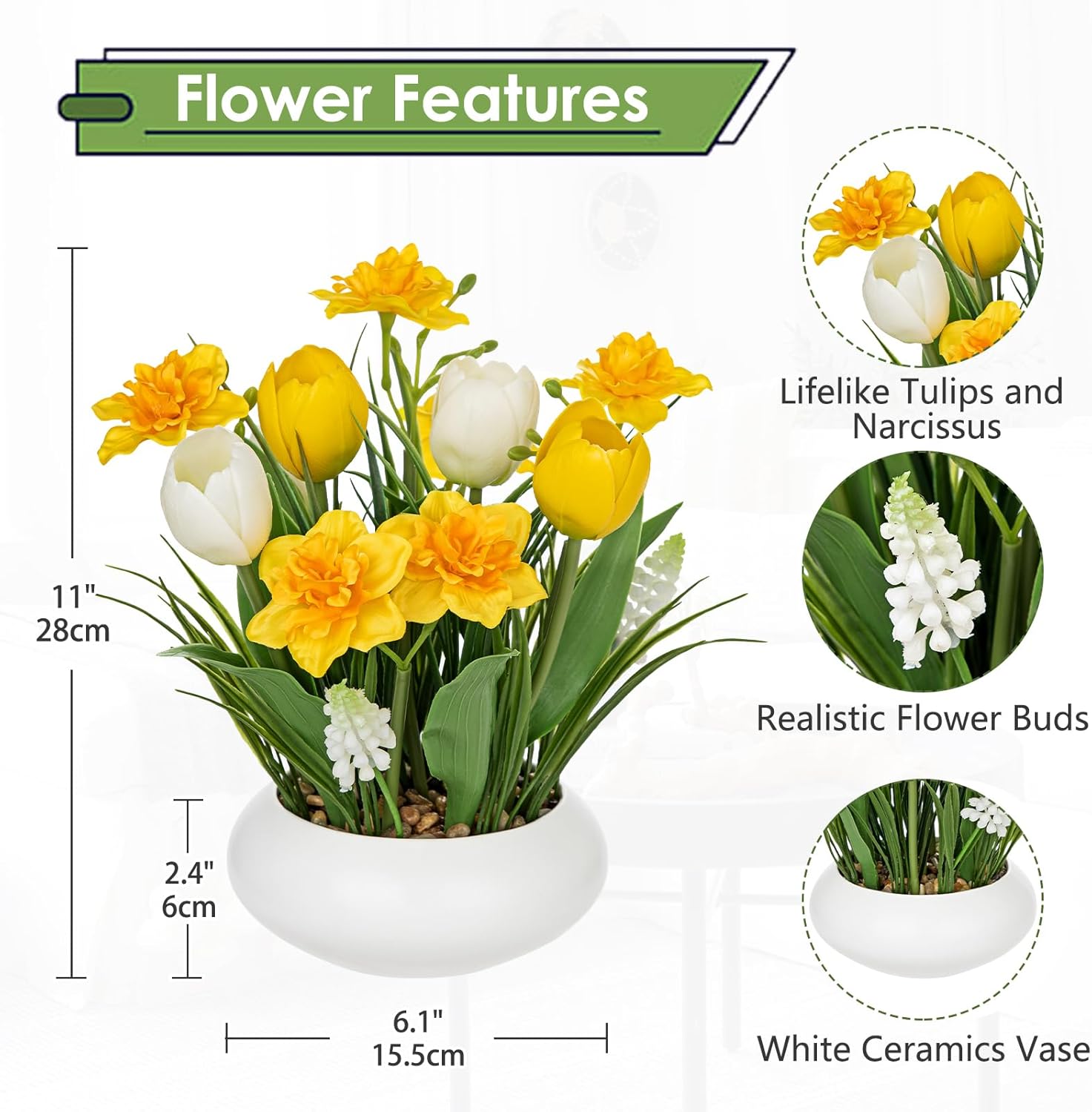 Hollyone Tulips Artificial Flowers with Daffodil Bulbs in Vase Fake Tulips Silk Flowers Arrangements with Ceramic Pot Daffodil Tulip Bulbs Floral Bouquet for Home Decor Table Centerpiece White Yellow