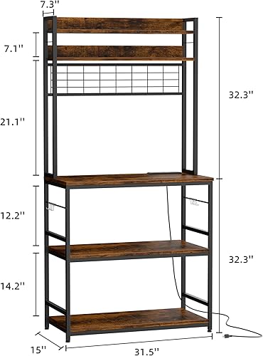 Miniatura 10 de Shintenchi Estante para panaderos con toma de corriente, organizadores de cocina y almacenamiento con 6 ganchos, soporte para horno microondas,