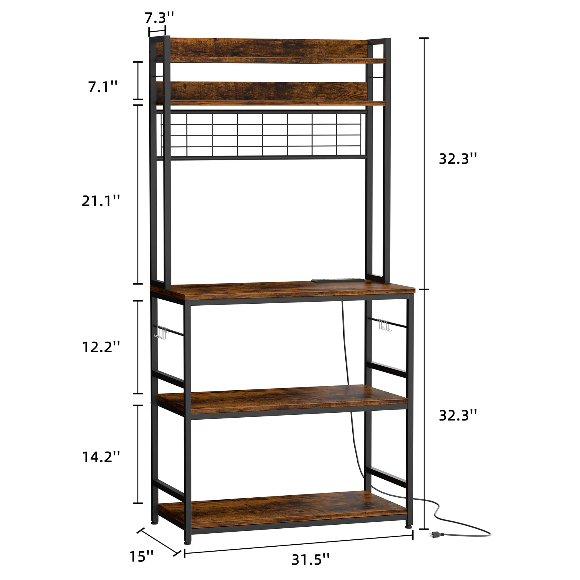 Shintenchi Estante para panaderos con toma de corriente, gran espacio de almacenamiento, barra de café de 10 ganchos con panel de alambre de metal, soporte alto para microondas, diseño clásico de
