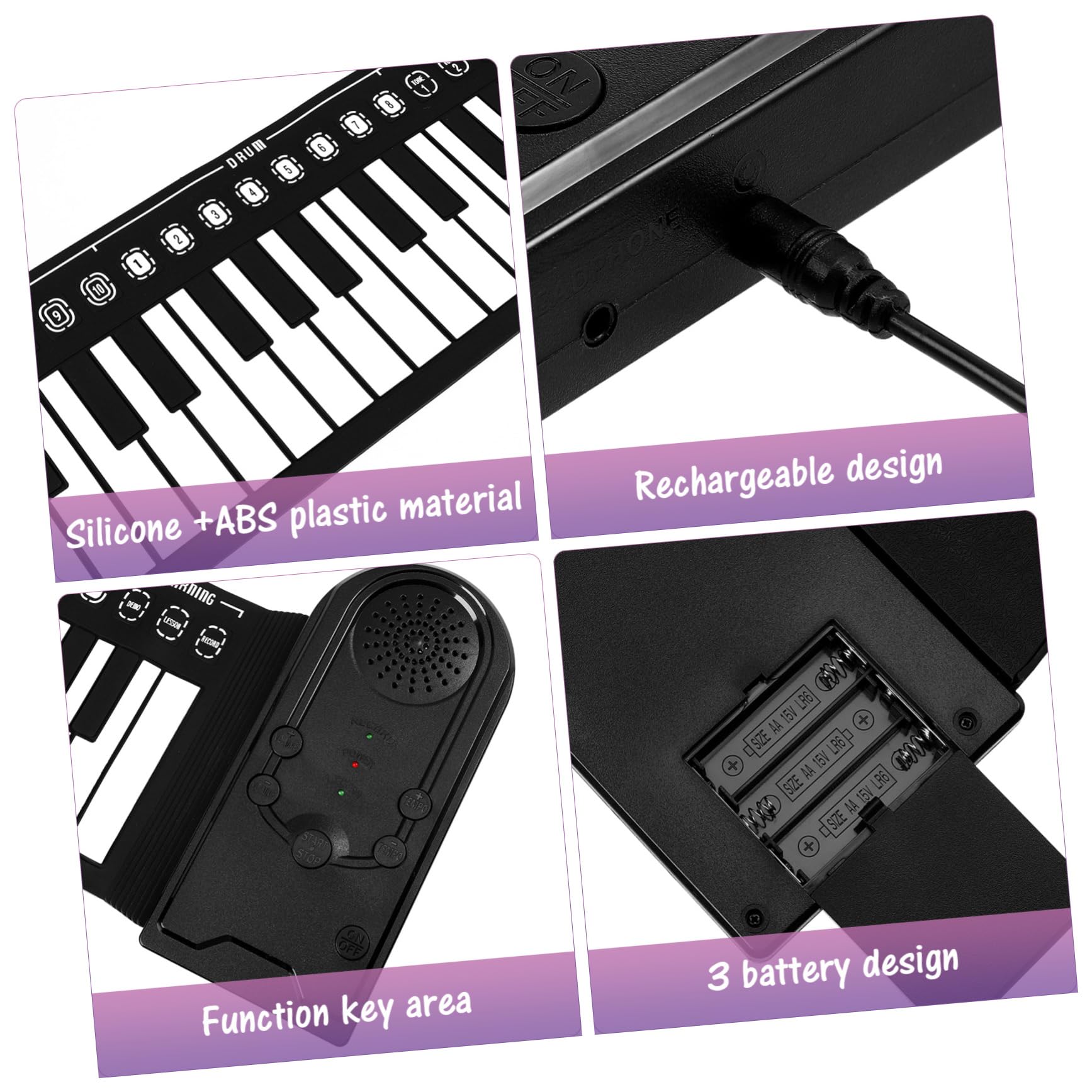Pianoforte Nero 49 Arrotolabile Portatile Elettronico a Tasti | Tasti in Silicone, Altoparlante Integrato, Controllo Volume a 16 Livelli, Cavo USB Dc 6v e 3 Batterie Aa