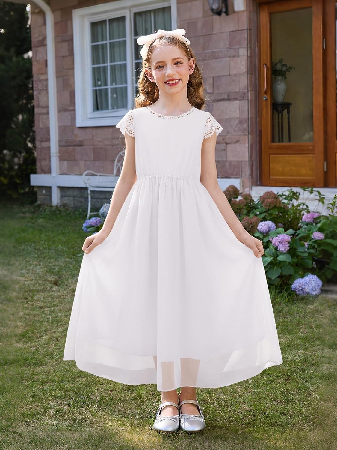 Haloumoning Flower Girl Chiffon Maxi Dress Kids A-Line Lace Sleeve Junior Bridesmaid Wedding Party Dress 5-14Y