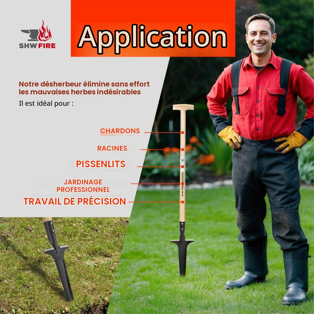 SHW-FIRE Désherbeur professionnel avec manche en bois de frêne de 82 cm – Forgé à la main avec marche pratique