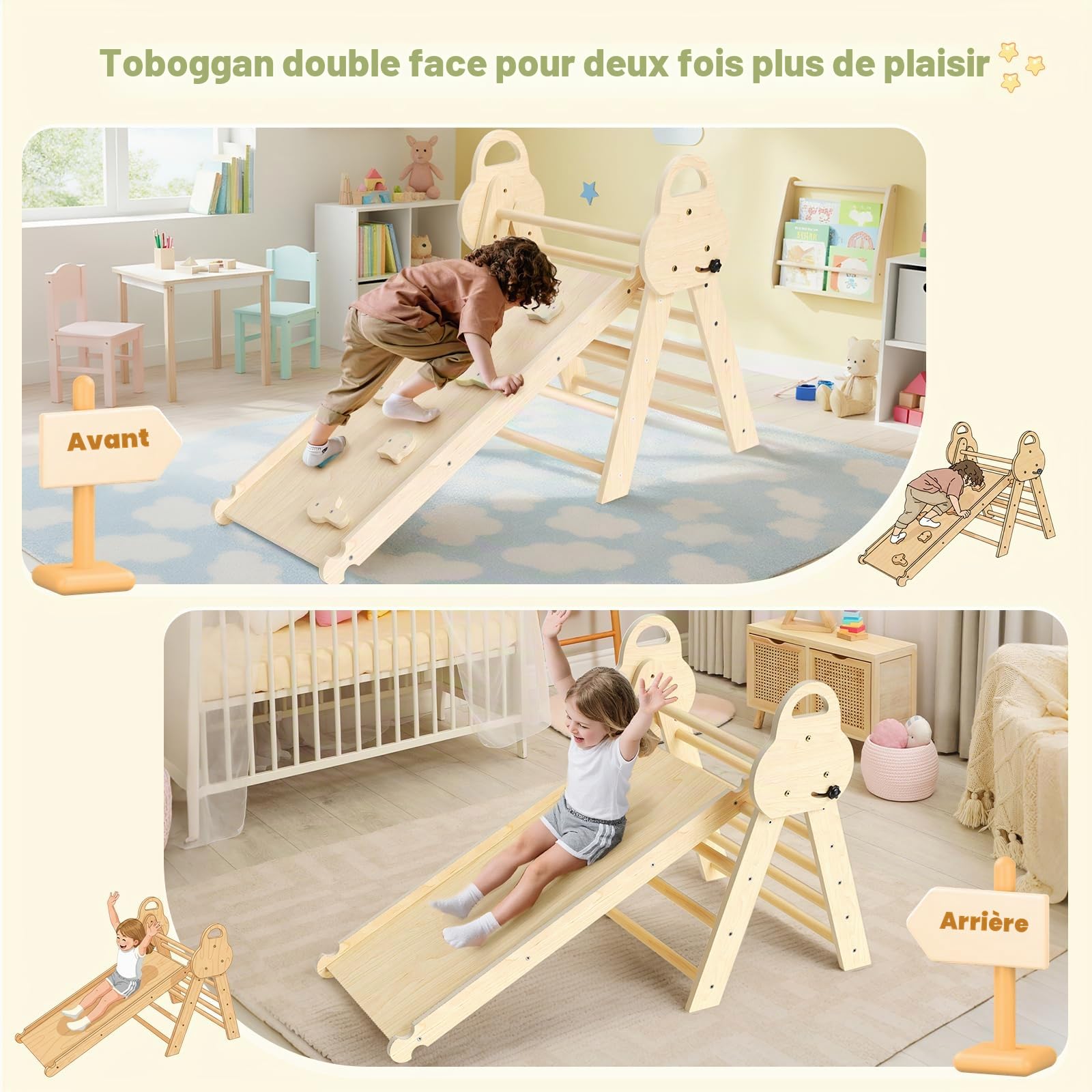 Kit de portique d'escalade Montessori 7 en 1 : triangle d'escalade d'intérieur, arche d'escalade avec coussin et toboggan, jouet d'escalade en bois, structure d'escalade pour 1 à 5 ans (3P avec