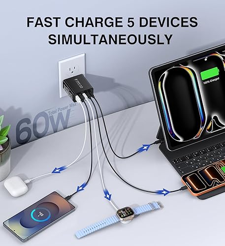 Miniatura 2 de [Paquete de 2] Cargador de pared USB C, bloque de cargador USB C de 50 W, bloques de carga rápida PD de 5 puertos, 2USB C + 3USB A enchufe negro