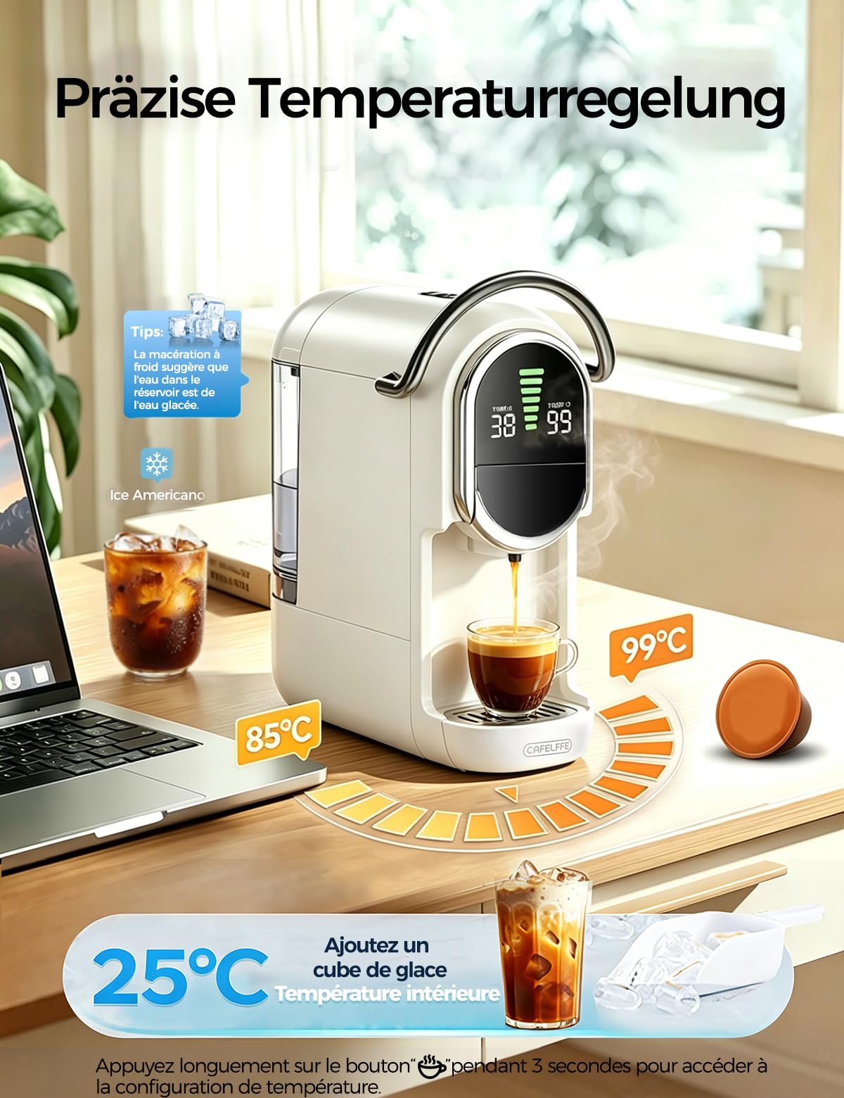 CAFELFFE Cafetera multicápsula 5 en 1 compatible con NS*/DG*/ESE*/A Modo Mio y Coffee Power, 20 bares, función de preparación fría y caliente, temperatura ajustable y 7 niveles de agua, color blanco