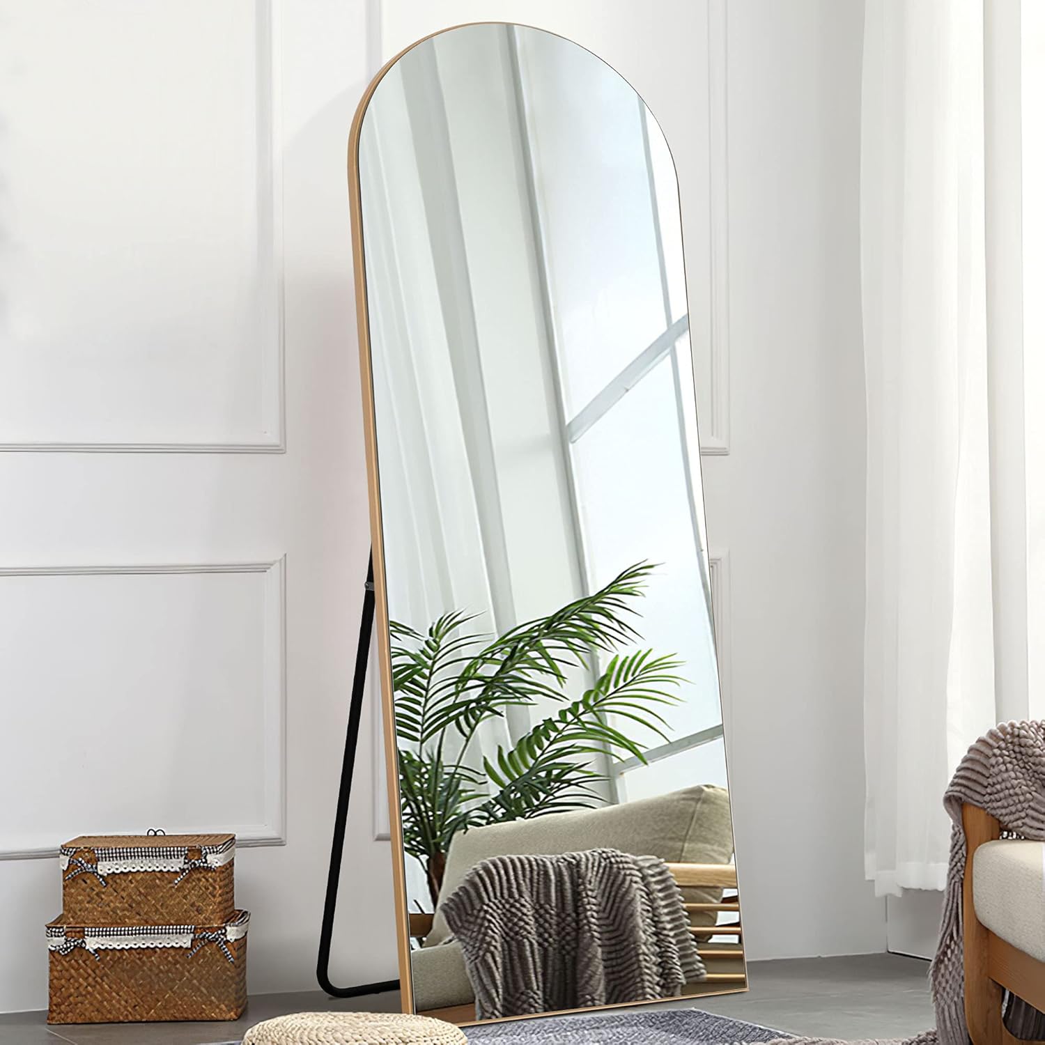 NeuType Arched Full Length Mirror, 71"x24" Wall Mirror, Wooden Thin Frame, Hanging or Leaning Against Wall, Oversized Large Bedroom Mirror, Floor Mirror, Dressing Mirror, Gold
