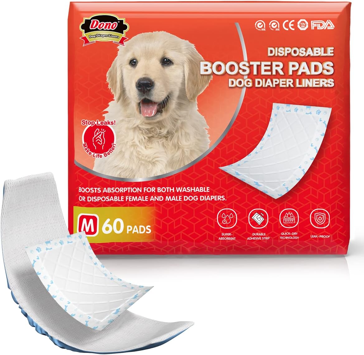 Dono Dog Diaper Liners, Super-Absorbent Dog Booster Pads 60ct, Disposable Doggie Diapers Inserts Fit Washable Dog Diapers Female, Male Belly Bands, Male Wraps, M